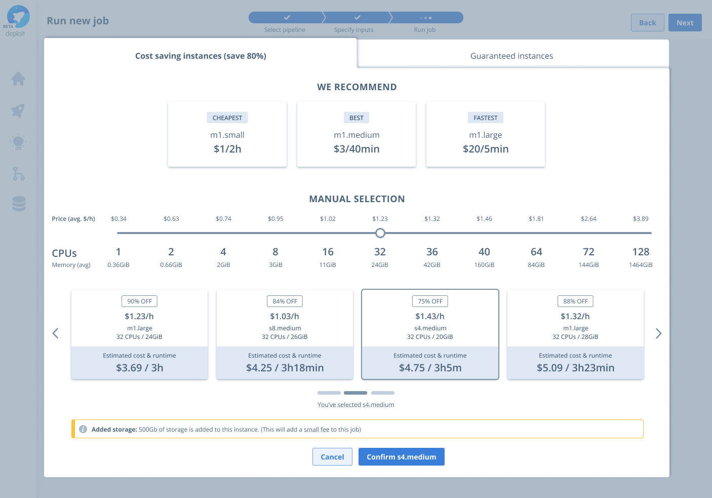 Deploit select cost-saving instance interface
