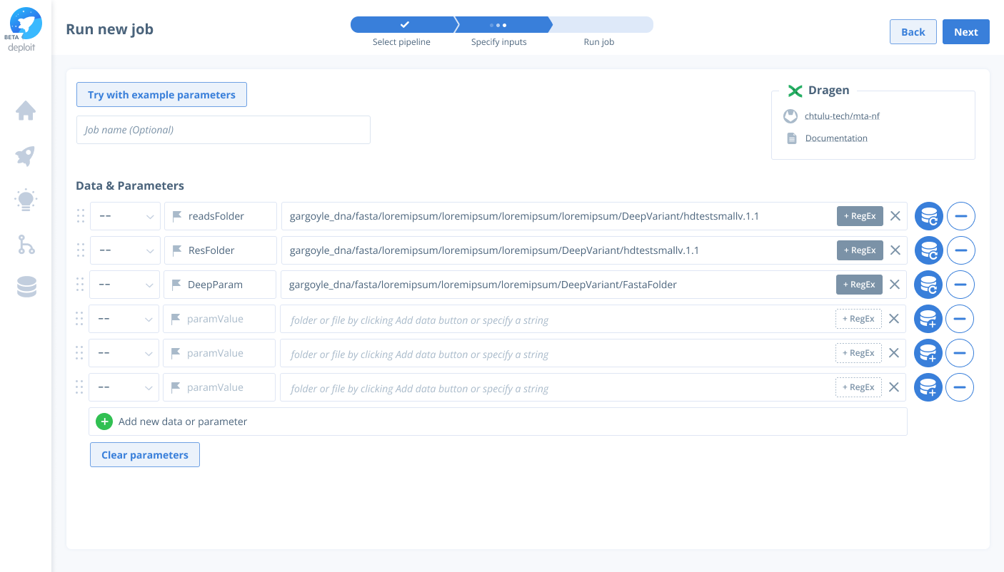 Deploit Select Parameters interface